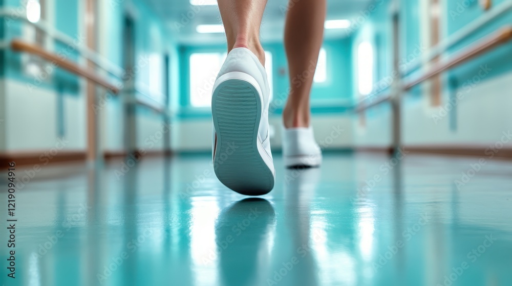 A pair of feet in white shoes walking along a brightly lit hospital corridor, capturing the essence of healthcare with a sense of calmness and purpose. A pair of feet in white shoes walking along a brightly lit hospital corridor, capturing the essence of healthcare with a sense of calmness and purpose.