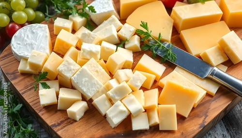 Cheese dices and slices, a vibrant display of various types of cheese artfully cut into perfect cubes and thin slices. The scene is set on a rustic wooden cutting board, surrounded by fresh herbs, fru