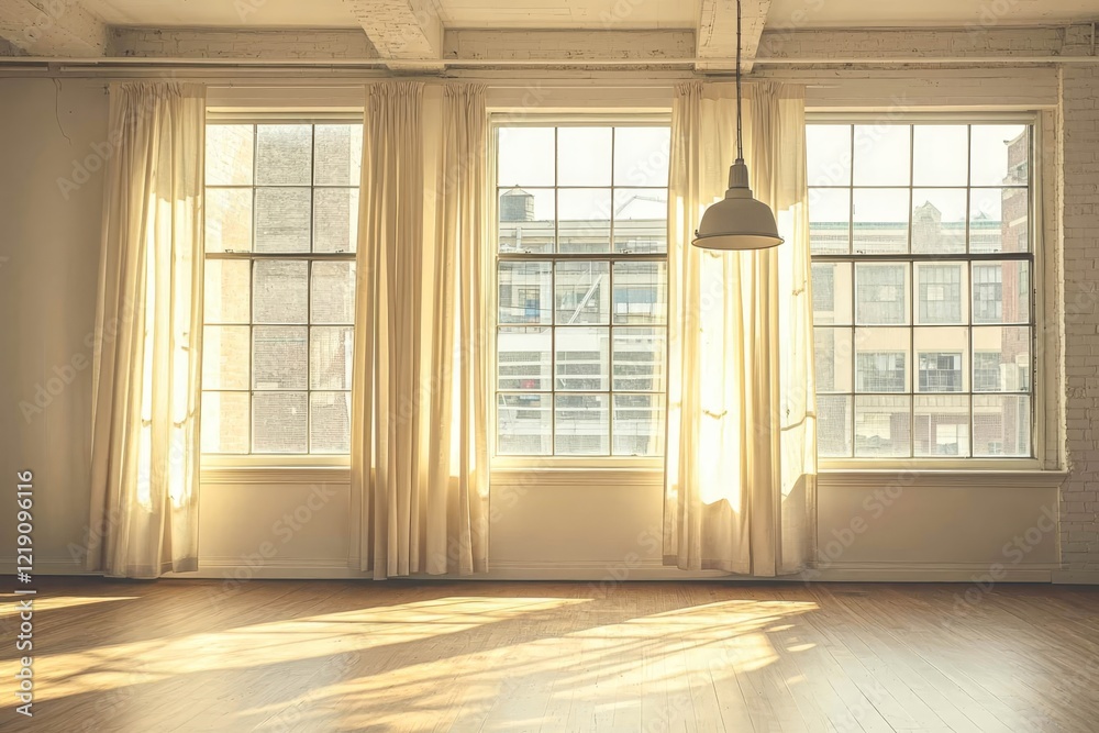 Fototapeta premium A spacious empty room in an urban apartment, featuring two large windows with light curtains and a vintage hanging light fixture.
