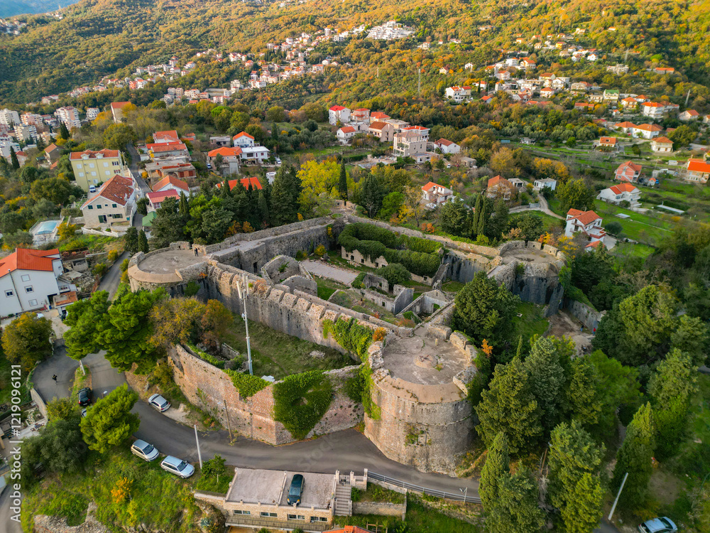 Fototapeta premium Aerial view of the historic Spanish Fortress Spanjola and old town houses in Herceg Novi, Montenegro 