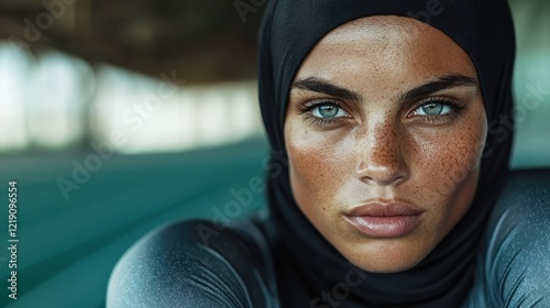 This striking close-up captures a focused female athlete with freckles, revealing her determination and fierce spirit while readying herself for a race on the track.