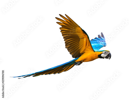 飛んでいるルリコンゴウインコ（Flying blue and yellow Macaw on white background）
