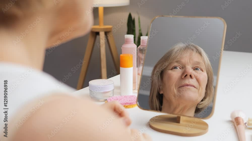 An elderly woman sits at a wooden vanity, carefully applying skincare products while looking at her reflection in a mirror. Soft light illuminates the space, creating a warm atmosphere An elderly woman sits at a wooden vanity, carefully applying skincare products while looking at her reflection in a mirror. Soft light illuminates the space, creating a warm atmosphere