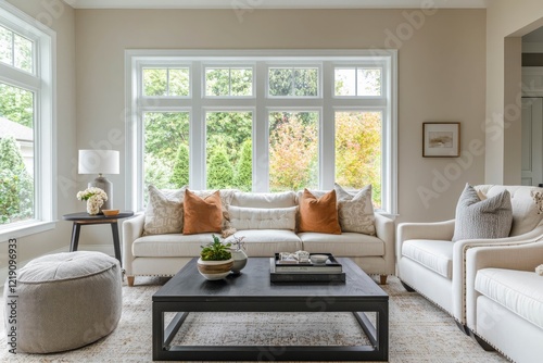 Asthetic composition of living room interior with modular sofa, black coffee table, white armchair, carpet, pouf. photo