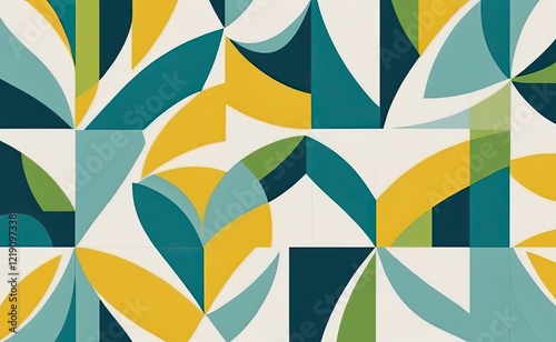 A vibrant abstract geometric pattern with intersecting shapes in shades of yellow, teal, green, and white.