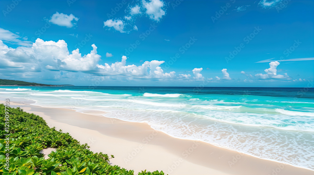 Stunning beach landscape with turquoise ocean waves gently washing pristine sandy shore. Stunning beach landscape with turquoise ocean waves gently washing pristine sandy shore.