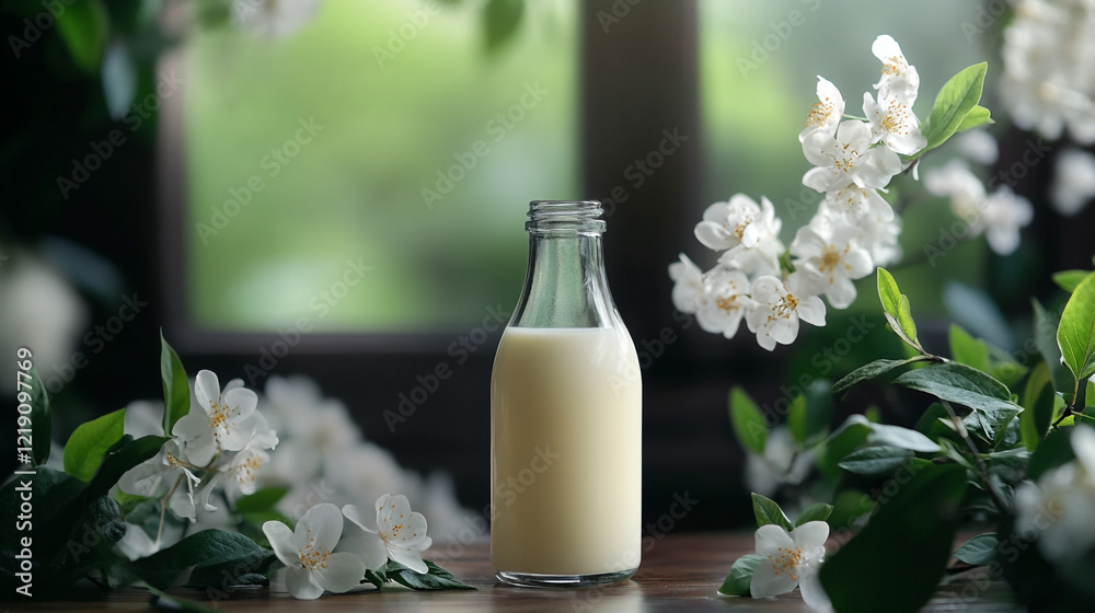 Fresh milk surrounded by blooming flowers on a wooden table Fresh milk surrounded by blooming flowers on a wooden table