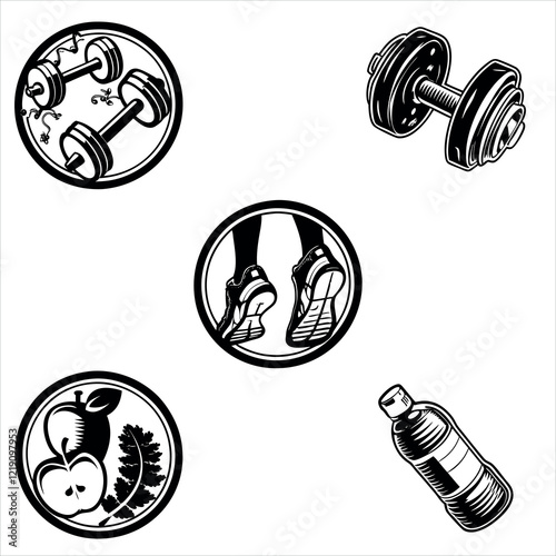 Collection of editable vector silhouettes of gym equipment.