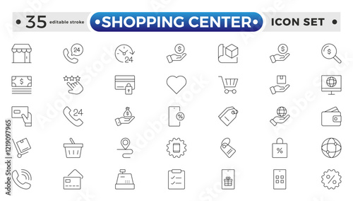 Shopping center outline icon. E-Commerce line icon set. e-commerce, mobile shop, digital marketing, business, sale, delivery and others. online payment price product. Editable stroke outline icon. 