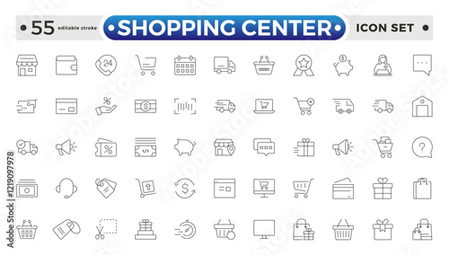 Shopping center outline icon. E-Commerce line icon set. e-commerce, mobile shop, digital marketing, business, sale, delivery and others. online payment price product. Editable stroke outline icon. 