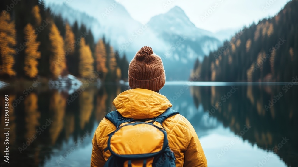 A hiker, dressed in a bright yellow jacket, gazes thoughtfully at the serene lake surrounded by autumn foliage, embodying the spirit of adventure and nature connection. A hiker, dressed in a bright yellow jacket, gazes thoughtfully at the serene lake surrounded by autumn foliage, embodying the spirit of adventure and nature connection.