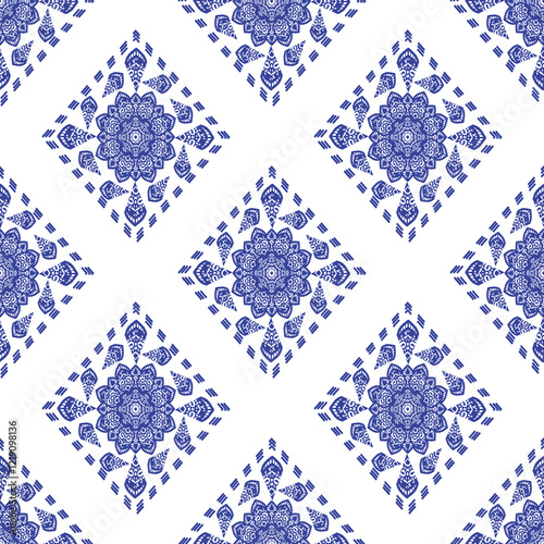 seamless pattern of blue and white ethnic diamond shape vintage floral motif for wallpaper and tile