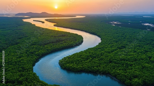 Serpentine River Winds Through Lush Mangrove Forest at Sunset