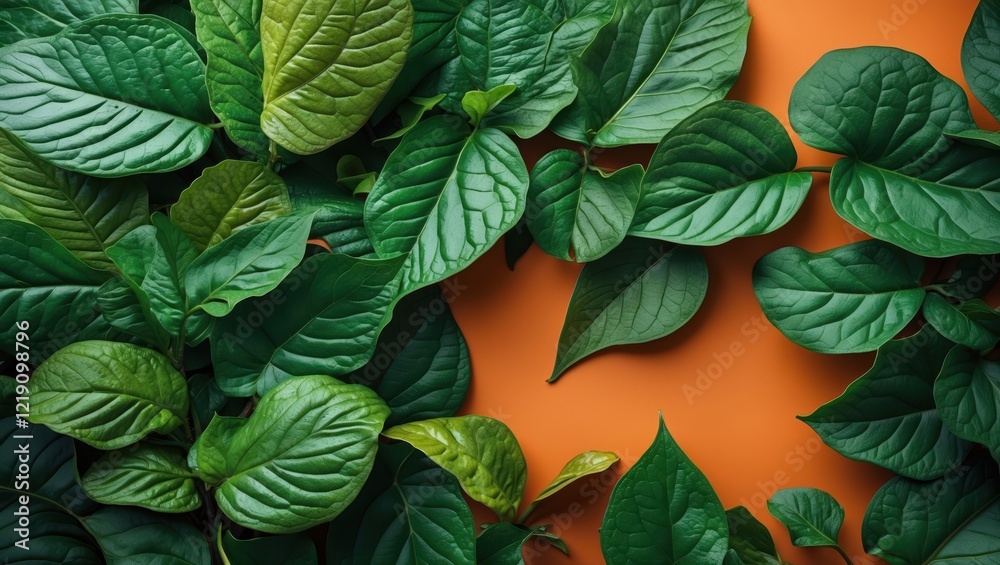 Fototapeta premium Lush green leaves against a vibrant orange background, showcasing natural textures and colors in a harmonious composition.