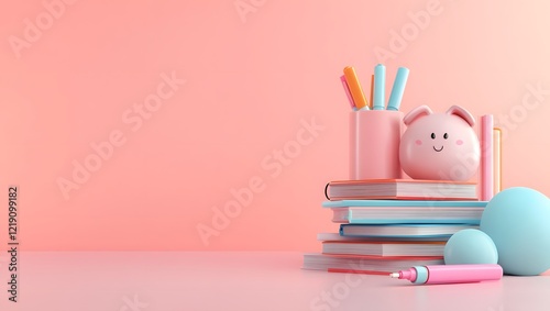 A cute arrangement of colorful stationery and books against a soft pink background, featuring a cheerful piggy bank and playful elements.