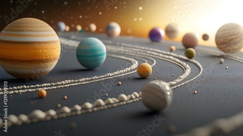 A stunning depiction of a solar system, showcasing various colorful planets and their orbits against a cosmic backdrop.