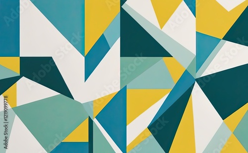 A vibrant abstract geometric pattern with intersecting shapes in shades of yellow, teal, green, and white.