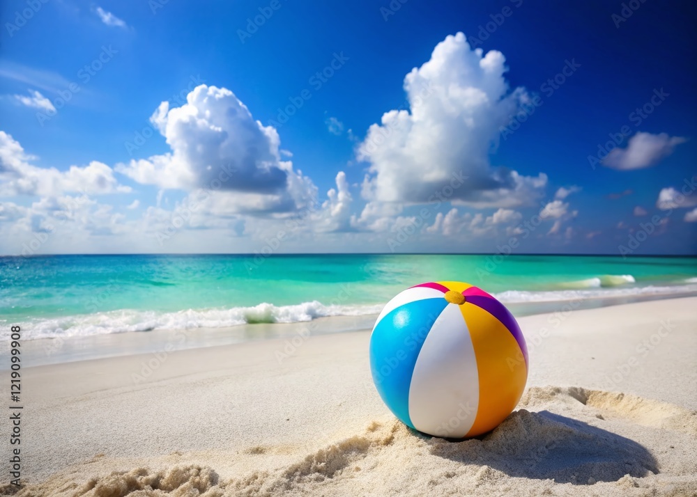 Obraz premium Minimalist Tropical Beach Scene: Colorful Ball & Sandcastle