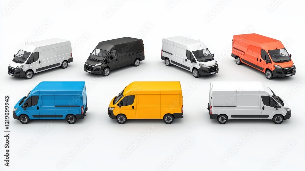 A set of delivery vans and cargo trucks with company logos on a white isolated background A set of delivery vans and cargo trucks with company logos on a white isolated background