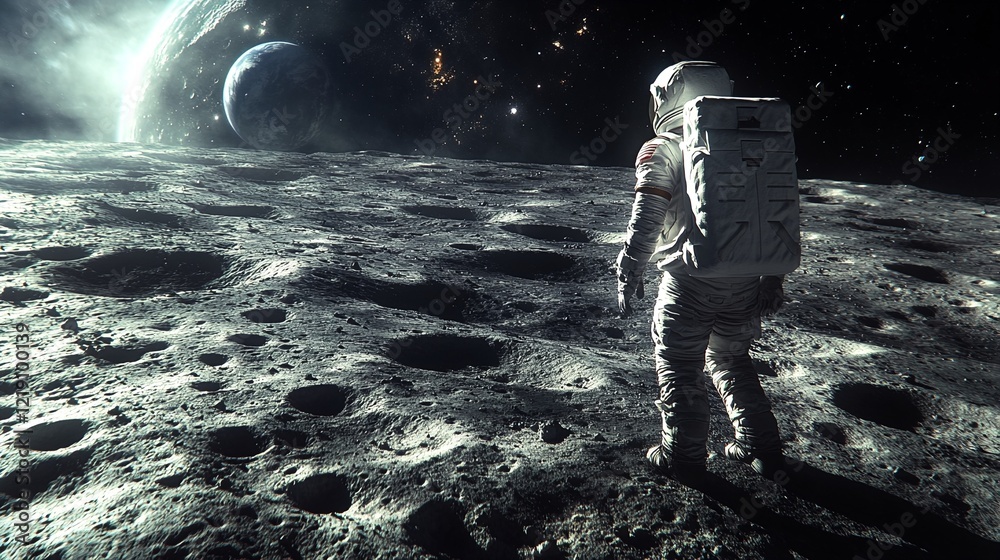 Obraz premium An astronaut standing on the moon's surface with a planet visible in the distance.