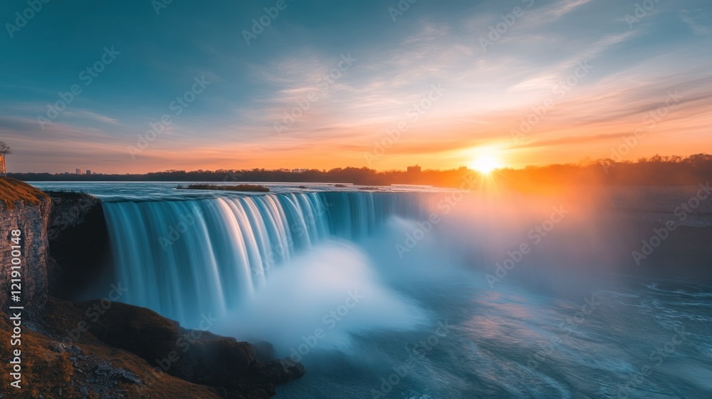 Fototapeta premium Niagara Falls Sunset Spectacle: A Majestic Waterfall at Golden Hour