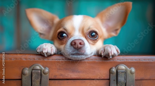 This lovable chihuahua peeks over a vintage wooden trunk, its expressive eyes highlighting its playful personality, making for a captivating pet portrait.