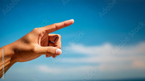 Obraz na płótnie a human hand pointing on a blue sky backdrop w salonie