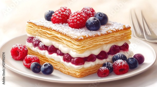 A close-up of a mille-feuille cake with cream and berries on top.