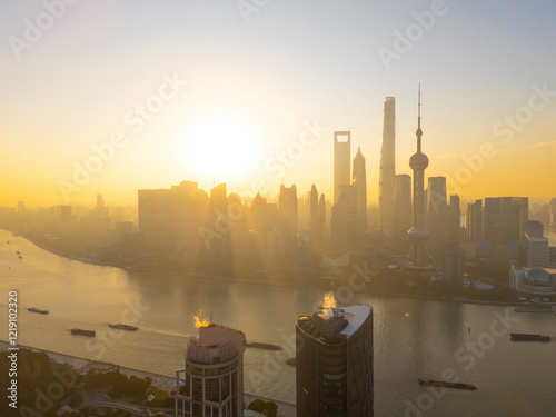 Photography Aerial view of shanghai skyline at sunrise