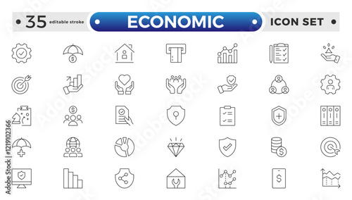 Set of Economic and Insurance line icons. Outline icon collections related to education, insurance, law, government, and more. graphs, charts representing market trends. Editable stroke outline icon. 