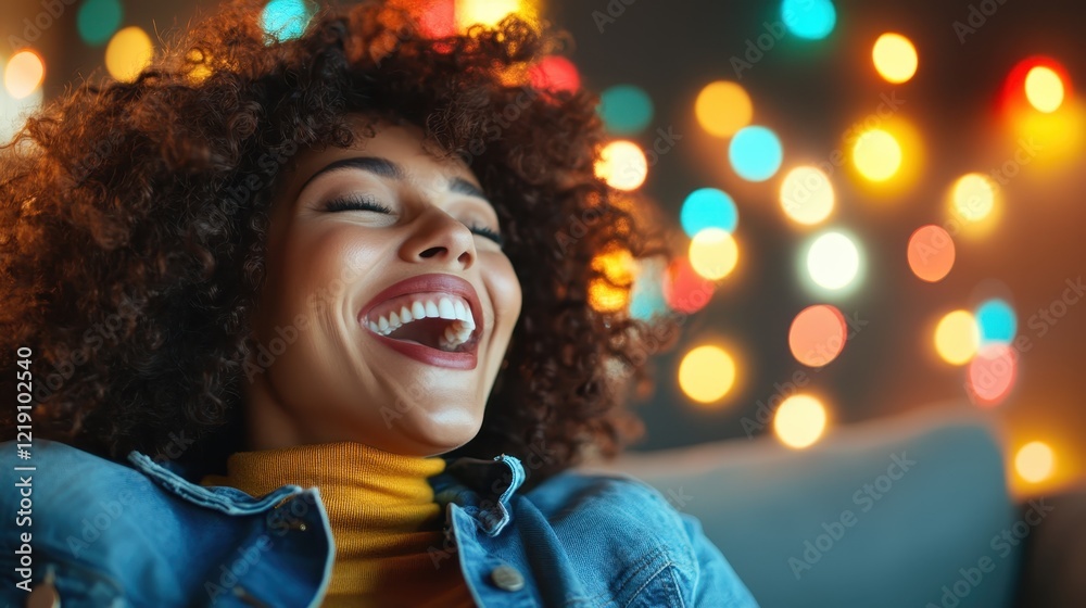 In a cozy atmosphere filled with colorful lights, a woman with curly hair smiles radiantly, capturing the essence of joy and warmth in a serene moment. In a cozy atmosphere filled with colorful lights, a woman with curly hair smiles radiantly, capturing the essence of joy and warmth in a serene moment.