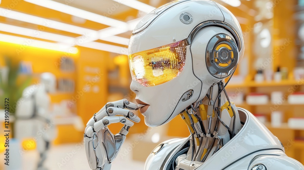 Fototapeta premium A futuristic humanoid robot with intricate details, set in a bright, modern environment, appears to be contemplating while interacting with its surroundings.