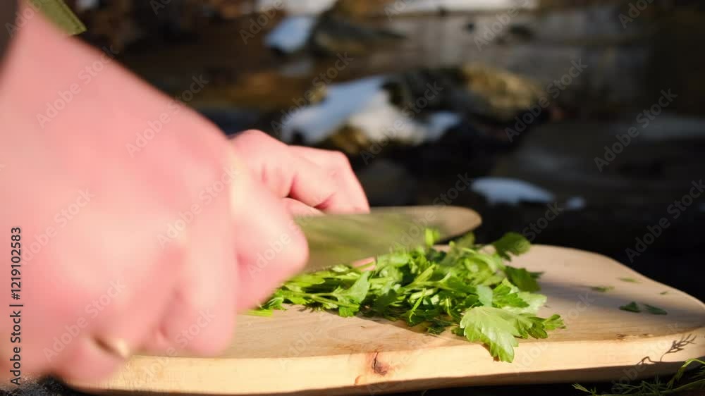 Close up of male hands cutting fresh green cilantro parsley on wooden desk with knife near mountains river at winter time. Food healthy, travel and cooking outdoor concept Close up of male hands cutting fresh green cilantro parsley on wooden desk with knife near mountains river at winter time. Food healthy, travel and cooking outdoor concept