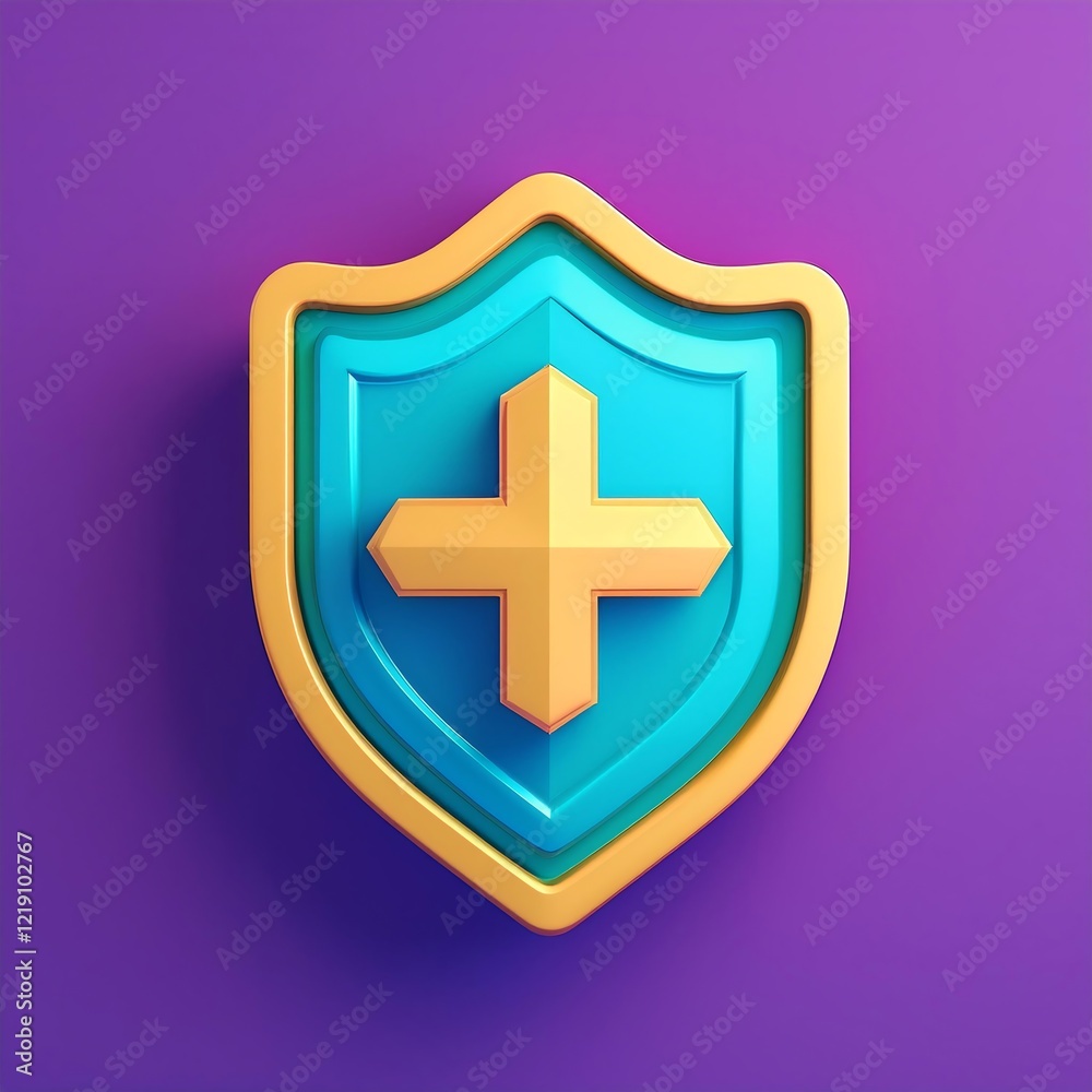 Fototapeta premium 3d Shield with a cross icon symbol on isolated purple background. Protection of health from diseases. Healthcare security insurance medical concept. 3d Minimal insurance blue shield icon. 3d render.