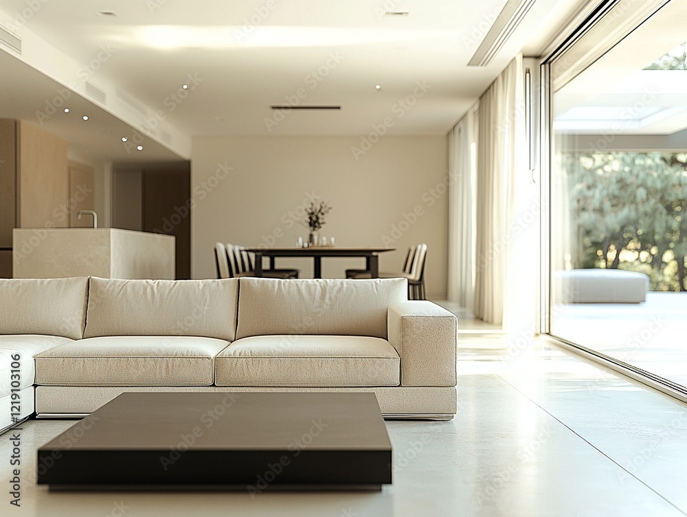 A modern minimalist interior design of the living room with windows and a dining room in view. Generative AI
A modern minimalist interior design of the living room with windows and a dining room in view. Generative AI