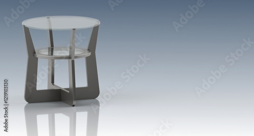 Modern round side table with glass top and metal base with copy space - 3D rendering image.
