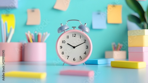 A vibrant workspace featuring a pink alarm clock, colorful sticky notes, and stationery, creating an inspiring environment for productivity.