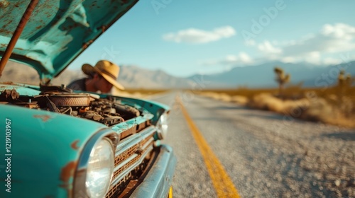 A man crouches next to an old car engine on a deserted road, surrounded by mountainous landscapes, depicting themes of resilience and the essence of adventure in the open air. photo