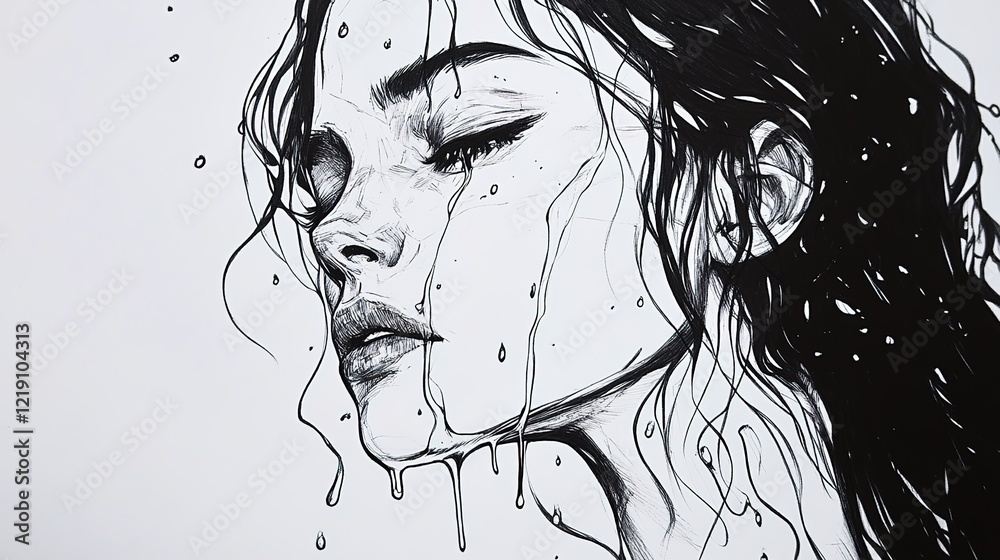 A beautiful woman's face made of ink, her hair flowing like liquid black paint, creating an artistic and captivating portrait on white paper. A beautiful woman's face made of ink, her hair flowing like liquid black paint, creating an artistic and captivating portrait on white paper.