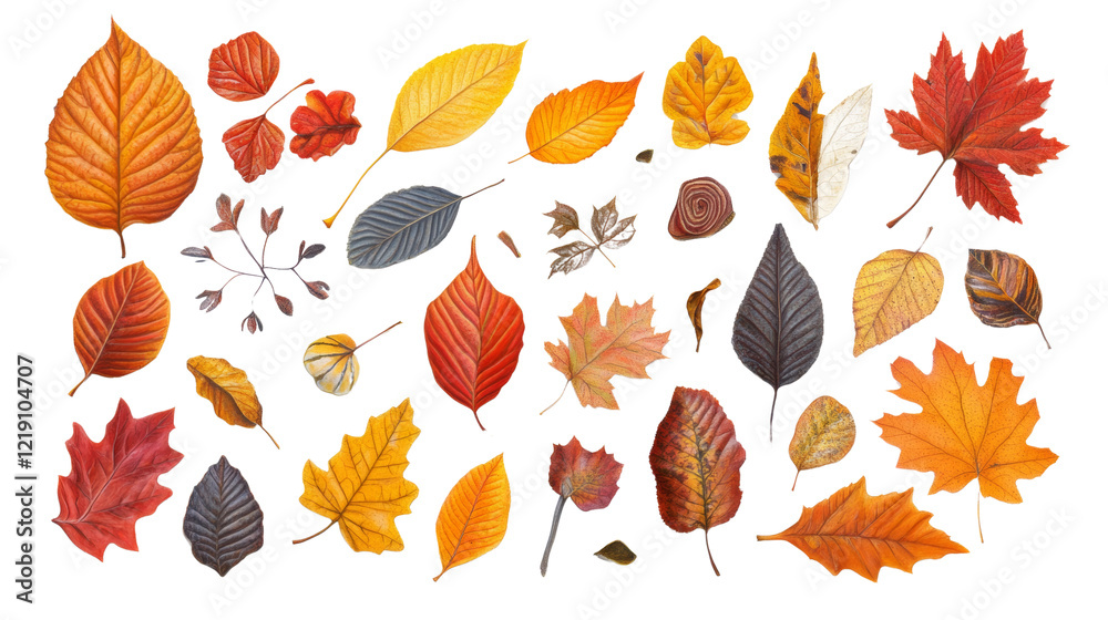 Obraz premium The image showcases a diverse array of autumn leaves, exhibiting a spectrum of colors and shapes against a black background.