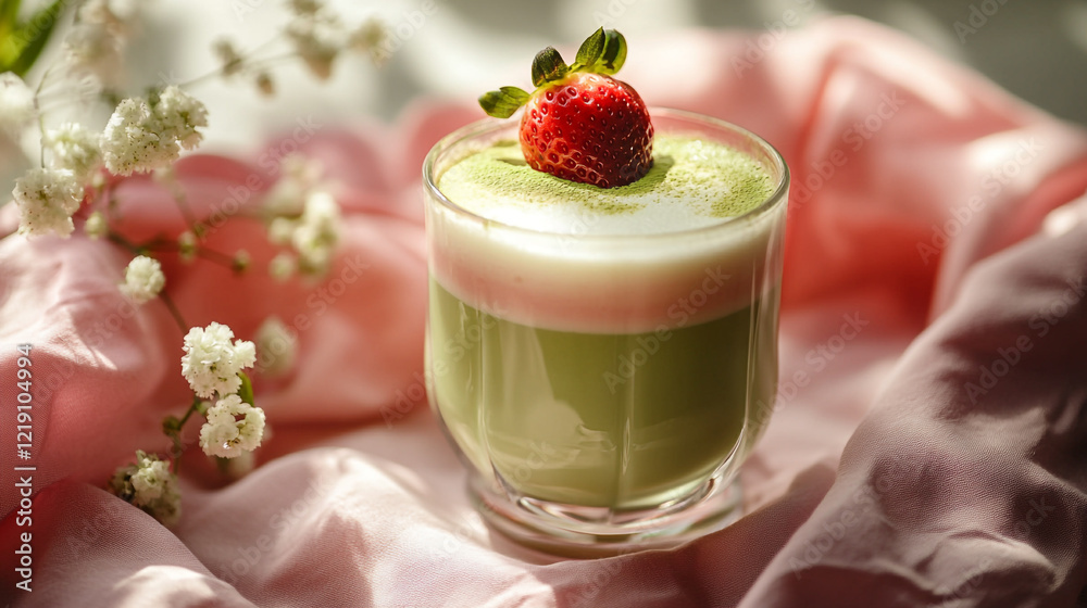 Refreshing matcha drink topped with strawberry on soft fabric Refreshing matcha drink topped with strawberry on soft fabric