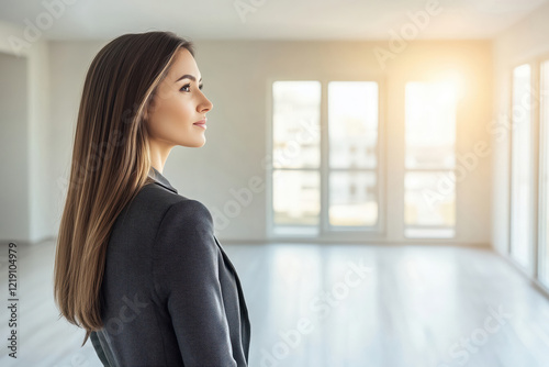 A beautiful female real estate agent with an empty modern apartment in the background Free Download A beautiful female real estate agent with an empty modern apartment in the background - GFXLoad
