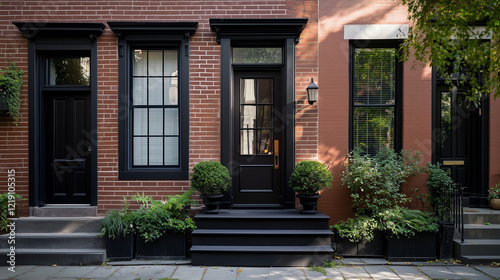 Wallpaper Mural A modern townhouse with vibrant brick facade and sleek black door Torontodigital.ca