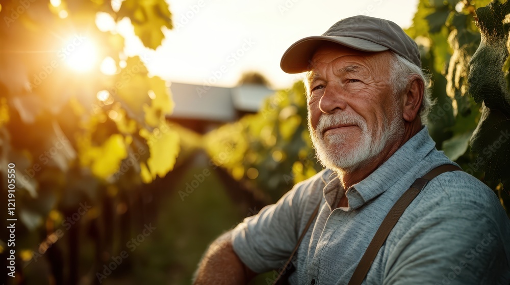 An elderly man gazes thoughtfully while seated among the vine rows, illuminated by the golden hues of dusk, capturing a moment of reflection and tranquility in his vineyard. An elderly man gazes thoughtfully while seated among the vine rows, illuminated by the golden hues of dusk, capturing a moment of reflection and tranquility in his vineyard.