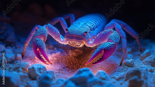 A glowing scorpion crawling across a rocky desert under ultraviolet light