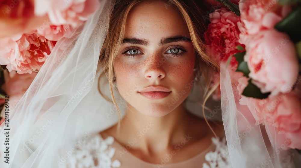 Naklejka premium A serene portrait of a bride surrounded by vibrant flowers, capturing the essence of love, beauty, and joy in an intimate and artistic wedding setting.