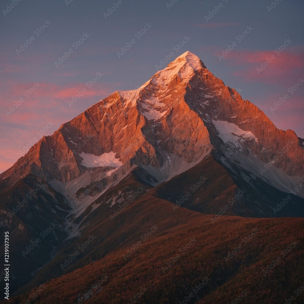 Fototapeta premium A beautiful radiant dusk at a mountain peak, where the sky is painted in soft hues of orange and pink, and the surrounding mountains glow under the fading light.