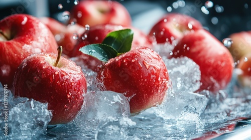 A striking image of glittering red apples surrounded by ice and splashing water, symbolizing freshness and vitality while capturing the beauty of nature's gifts. photo