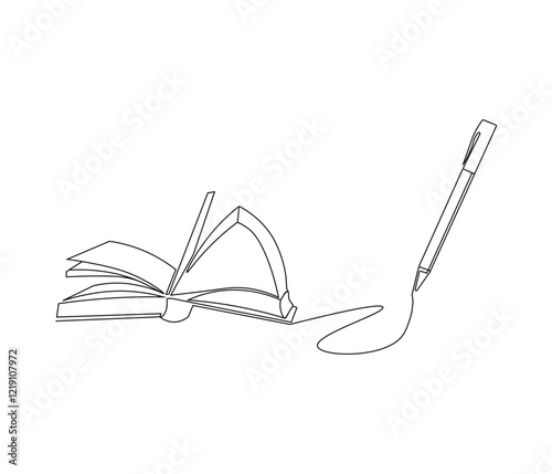 One continuous line drawing of opened book with pen. Studying book and pen for education in simple line. Concept vector art for university or college. Editable stroke. Doodle line illustration