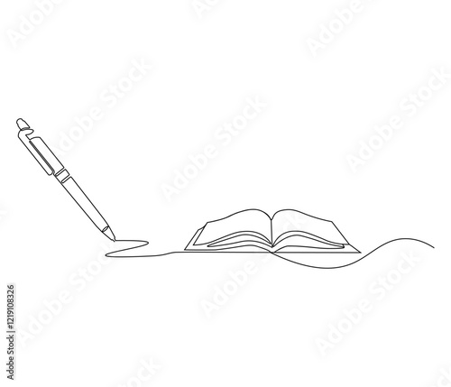 One continuous line drawing of opened book with pen. Studying book and pen for education in simple line. Concept vector art for university or college. Editable stroke. Doodle line illustration